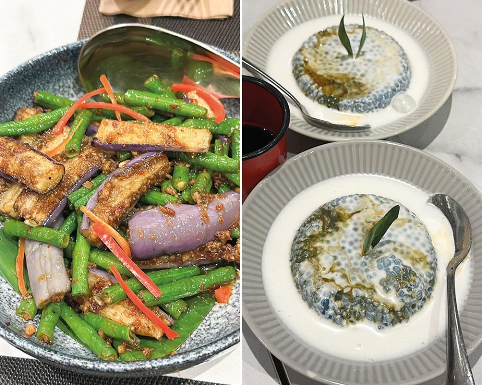 Goreng Terung, Kacang Panjang Hei Bee is stir fried vegetables with flavour derived from the use of dried prawns (left). Don't share your Sago Gula Melaka as it's the best dessert to relish after a meal here (right).