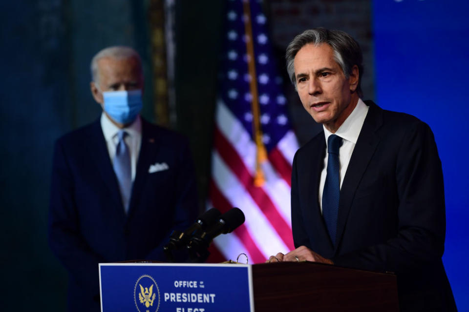 Secretary of State nominee Antony Blinken speaks after being introduced by President-elect Joe Biden as he introduces key foreign policy and national security nominees and appointments at the Queen Theatre on November 24, 2020 in Wilmington, Delaware.<span class="copyright">Mark Makela—Getty Images</span>