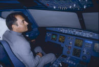 Paris, France, 08 06 1985, Rajiv Gandhi in the cockpit of an a passenger plane during the Bourget Air Show near Paris. (Photo by Francis Apesteguy/Getty Images)