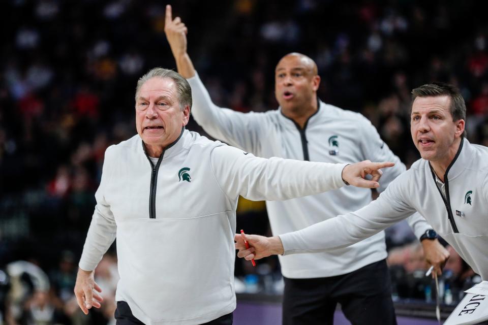 Michigan State head coach Tom Izzo, assistant coach Mark Montgomery react to a play against Purdue during the second half of quarterfinal of Big Ten tournament at Target Center in Minneapolis, Minn. on Friday, March 15, 2024.