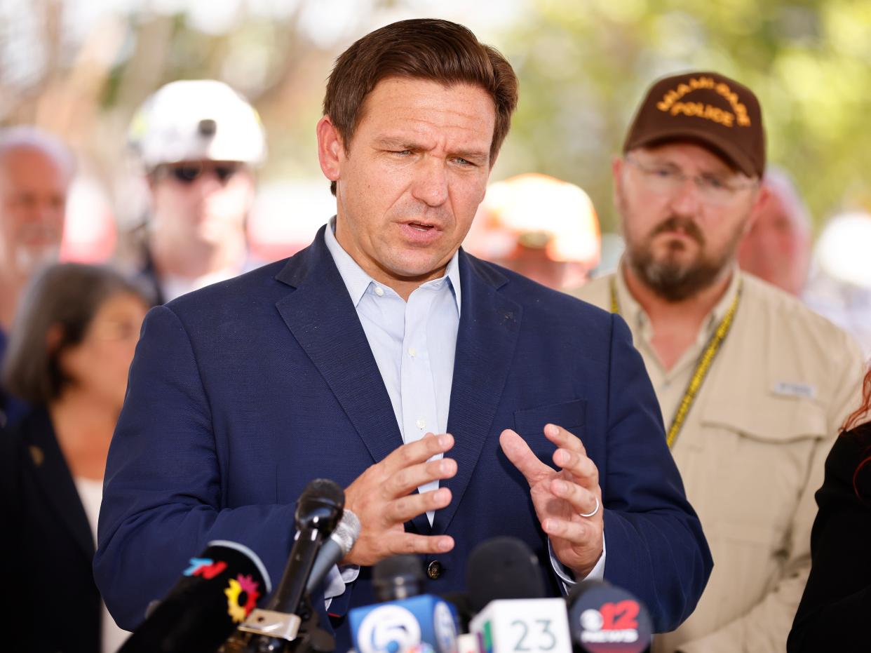 Florida Gov. Ron DeSantis speaks to the media about the 12-story Champlain Towers South condo building that partially collapsed on July 03, 2021 in Surfside, Florida. (Getty Images)