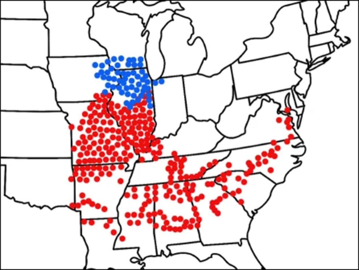 The blue dots denote Brood XIII cicadas and the red dots are areas where Brood XIX has emerged in the past. All of these areas are likely to have cicadas in 2024. (Cicada Safari)