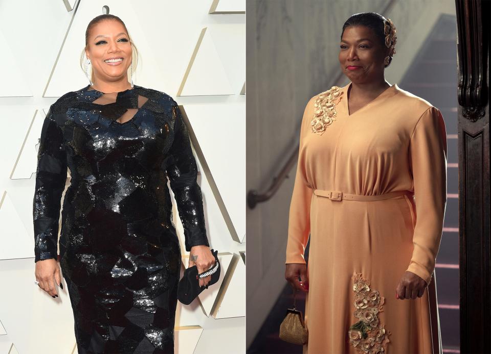 This combination photo shows Queen Latifah at the Oscars in Los Angeles on Feb. 24, 2019, left, and the rapper-actress portraying "Gone With the Wind" actress Hattie McDaniel in a scene from the Netflix series "Hollywood."