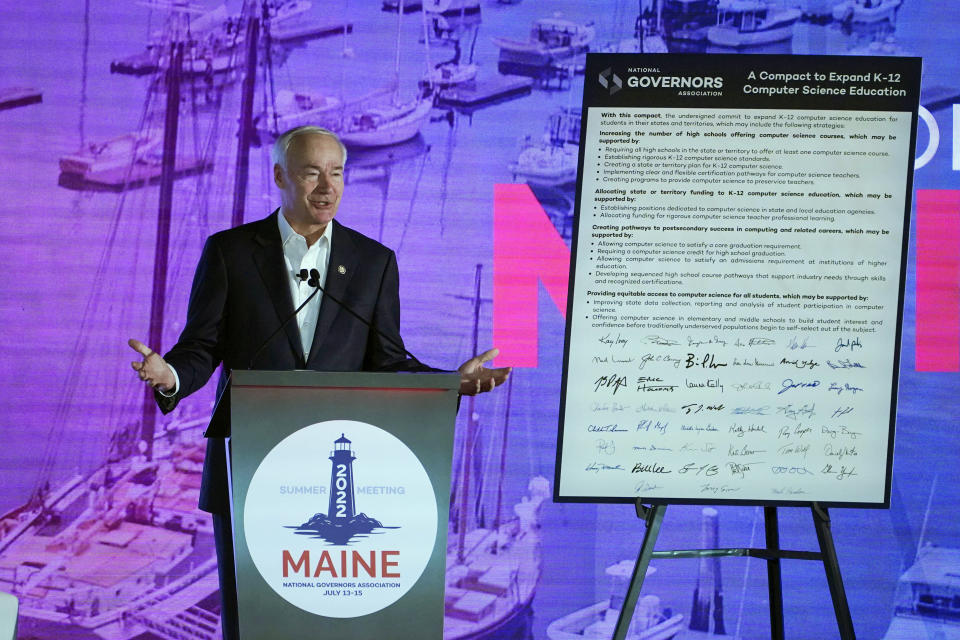 Arkansas Gov. Asa Hutchinson speaks at the National Governors Association summer meeting, Thursday, July 14, 2022, in Portland, Maine. (AP Photo/Robert F. Bukaty)