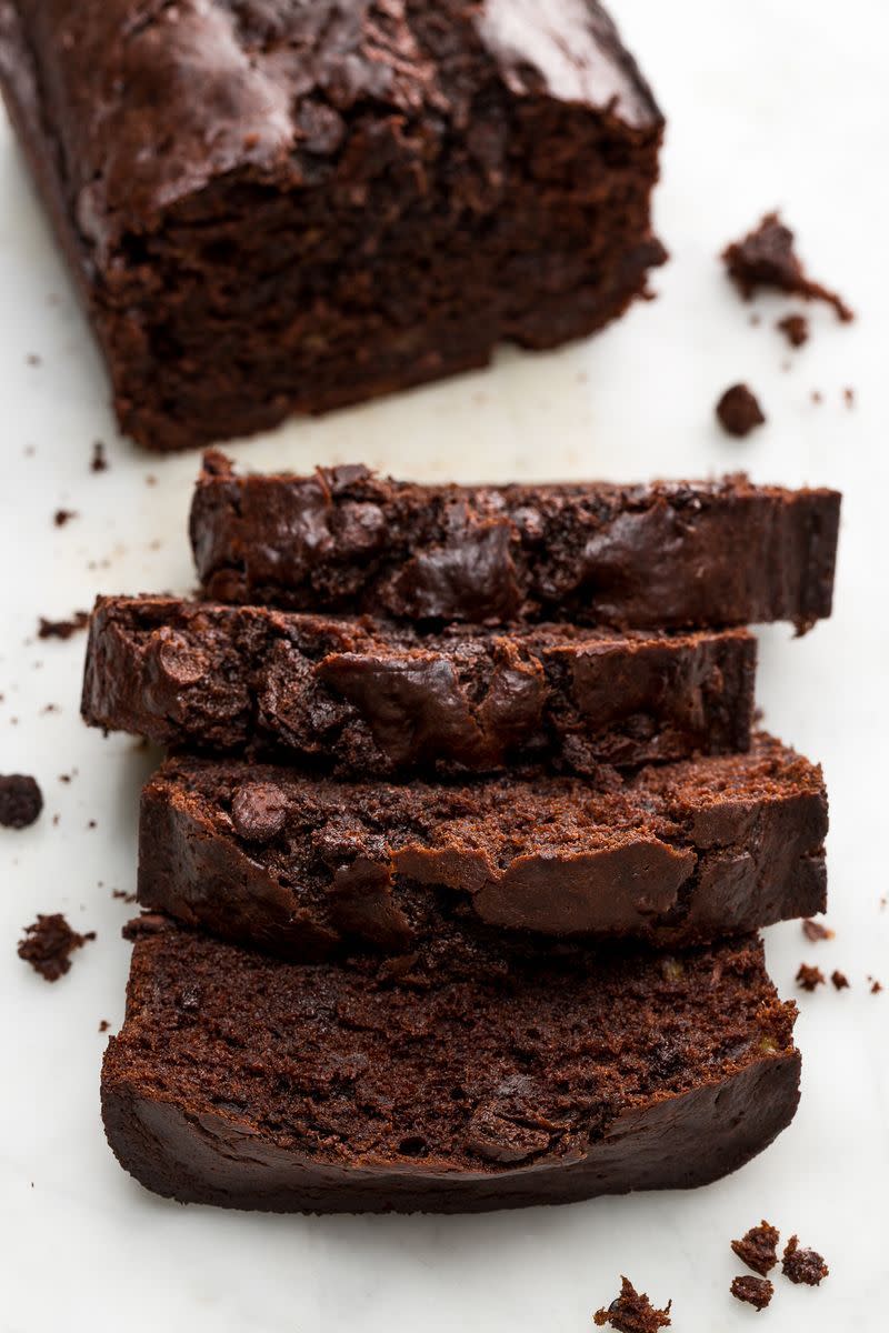 <p>Cocoa powder and chocolate chips make this banana bread a chocolate lover's dream.</p><p>Get the <a href="https://www.delish.com/uk/cooking/recipes/a28826246/death-by-chocolate-banana-bread-recipe/" rel="nofollow noopener" target="_blank" data-ylk="slk:Death By Chocolate Banana Bread;elm:context_link;itc:0;sec:content-canvas" class="link ">Death By Chocolate Banana Bread</a> recipe.</p>