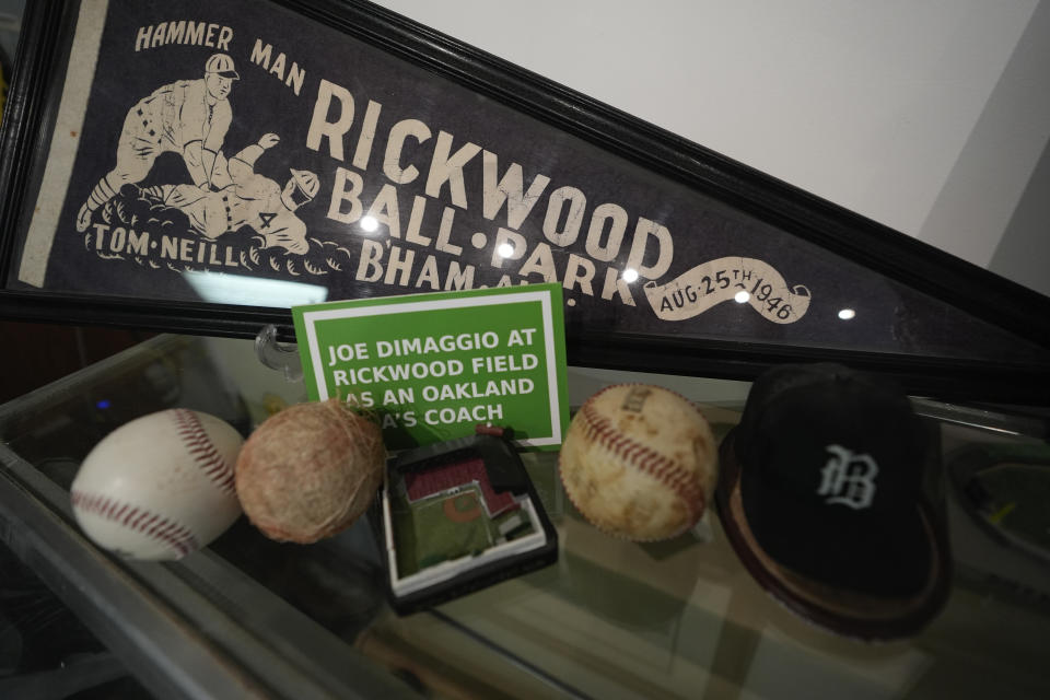 Baseball memorabilia is on display in a shop near Rickwood Field, Monday, June 10, 2024, in Birmingham, Ala. Rickwood Field, known as one of the oldest professional ballpark in the United States and former home of the Birmingham Black Barons of the Negro Leagues, will be the site of a special regular season game between the St. Louis Cardinals and San Francisco Giants on June 20, 2024. (AP Photo/Brynn Anderson)