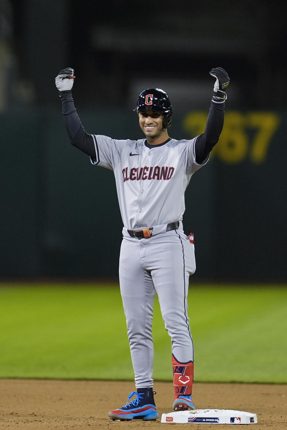 Cleveland Guardians' Brayan Rocchio celebrates after hitting a two-run double against the Oakland Athletics during the fourth inning of a baseball game Thursday, March 28, 2024, in Oakland, Calif. (AP Photo/Godofredo A. Vásquez)