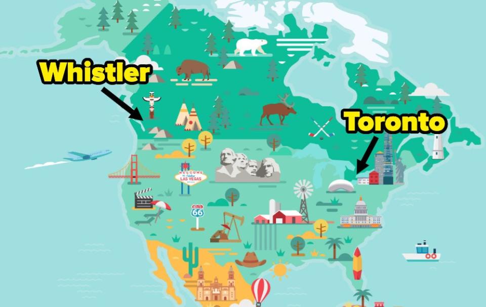 vector map of North American showing Toronto on the eastern side of Canada and Whistler at the most western end of Canada