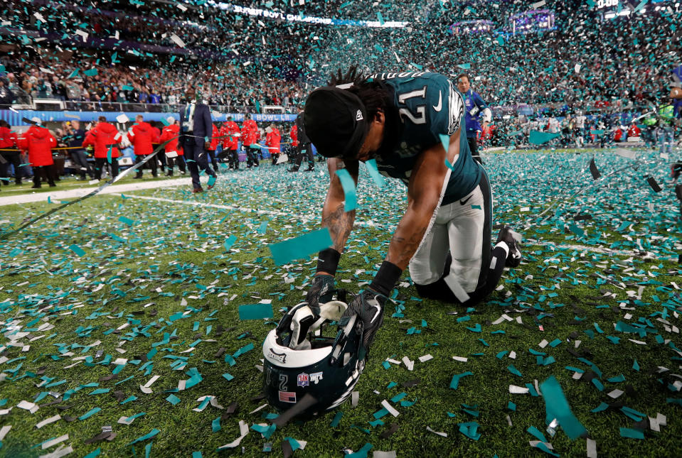 <p>Philadelphia Eagles’ Patrick Robinson celebrates after winning Super Bowl LII REUTERS/Kevin Lamarque </p>