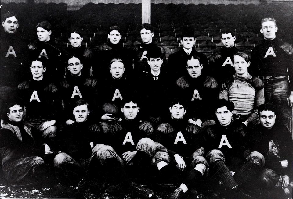 Baseball’s Philadelphia Athletics and Phillies both fielded pro football teams in 1902. The A’s football team was managed by legendary baseball manager Connie Mack and included pitcher Rube Waddell. A third team, the Pittsburgh Pros, featuring baseball’s famed pitcher Christy Mathewson, joined the two Philadelphia squads and formed a loosely structured league they called the National Football League. All three teams claimed the mythical 1902 championship but it was finally agreed that the Pros were most deserving. The A’s made history when in 1902 they defeated the Kanaweola AC 39-0 in football’s first night game.