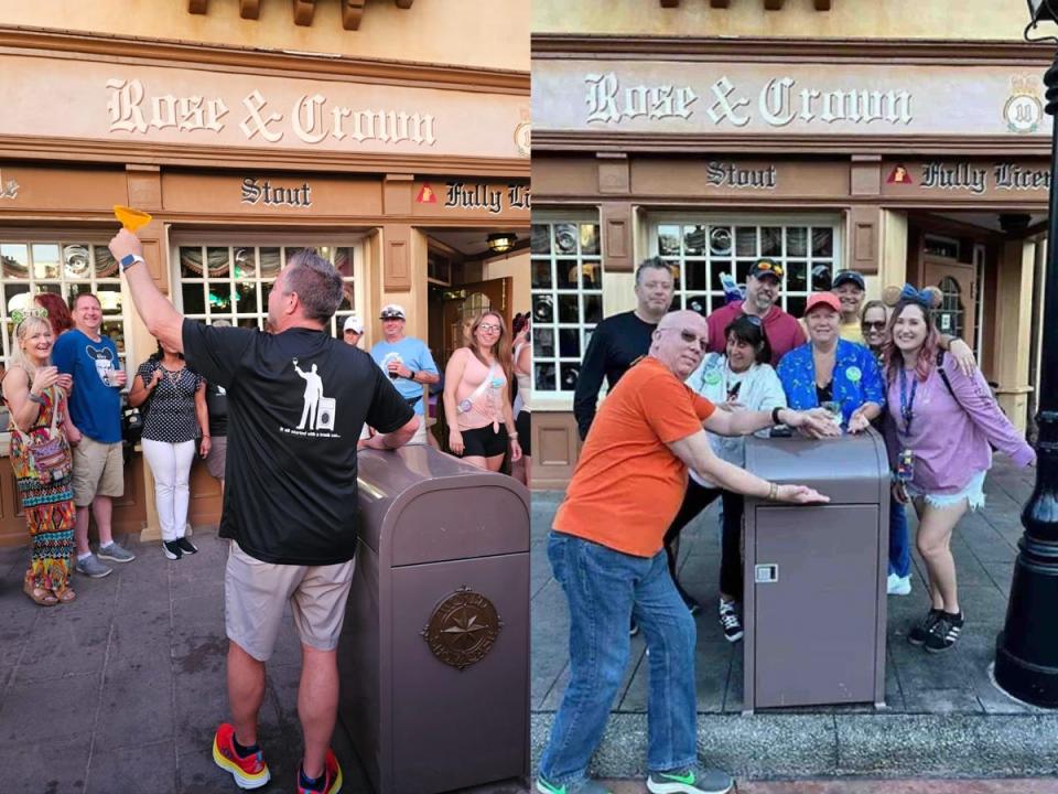People gathered outside of a trash can with one person raising a glass of beer next to it next to photo of people posing with trash can