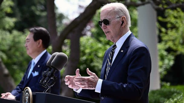 PHOTO: US President Joe Biden and South Korean President Yoon Suk Yeol participate in a news conference in the Rose Garden of the White House in Washington, DC, April 26, 2023. (Brendan Smialowski/AFP via Getty Images)
