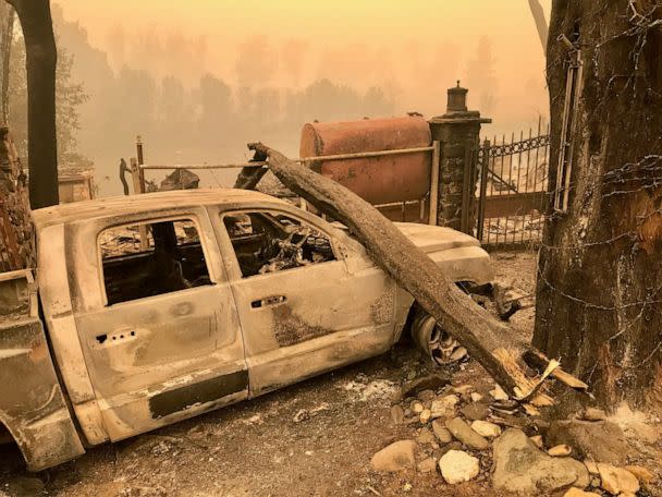 PHOTO: A burned-up pickup sits on a property off Highway 96 in Klamath River, on July 31, 2022. The McKinney Fire is burning in western Siskiyou Count, Calif.<p>McKinney Fire (Mike Chapman/Record Searchlight via USA Today Network)