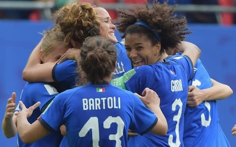 Barbara Bonansea, (L) Elisa Bartoli and (R) Sara Gama of Italy celebrate the victory during the 2019 FIFA Women's World Cup France group C match between Australia and Italy at Stade du Hainaut on June 9, 2019 in Valenciennes, France - Credit: Getty Images