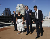 FILE - In this Aug. 13, 2019, file photo, California Gov. Gavin Newsom, second from right, tours the solar panels atop the building housing the California Environmental Protection Agency, accompanied by Attorney General Xavier Becerra, left, California Air Resources Board Chair Mary Nichols, and California EPA Director Jared Blumenfeld, right, in Sacramento, Calif. Nichols' term leading the state ARB ends in December 2020. She's held the role since 2007 after an earlier stint as chair in the early 1980s. (AP Photo/Rich Pedroncelli, File)