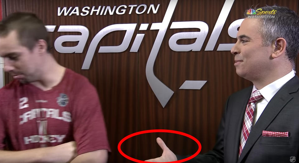 This is the exact moment everything went wrong between Matt Niskanen of the Washington Capitals and NBC’s Rob Carlin. (Screenshot//NHL)