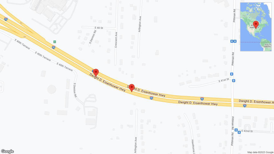 A detailed map that shows the affected road due to 'Broken down vehicle on eastbound I-70 in Kansas City' on October 16th at 8:02 p.m.