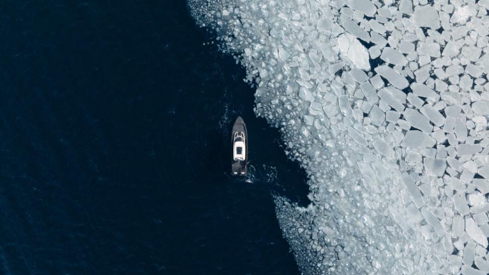 Kvitbjørn beside a wall of sea ice. The boat can cruise in electric mode for five hours. - Credit: Courtesy Volvo Penta