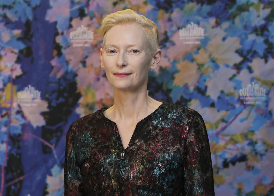 Tilda Swinton poses for photographers at the photo call for the film 'The Souvenir- Part II' at the 74th international film festival, Cannes, southern France, Thursday, July 8, 2021. (Photo by Vianney Le Caer/Invision/AP)