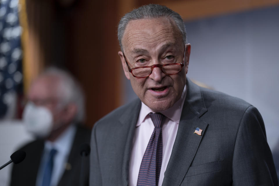 Senate Majority Leader Chuck Schumer, D-N.Y., meets with reporters during a news conference at the Capitol in Washington, Wednesday, March 1, 2023. President Joe Biden will meet with Senate Democrats Thursday to discuss the budget. (AP Photo/J. Scott Applewhite)