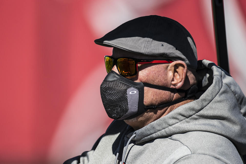 Tampa Bay Buccaneers Head Coach Bruce Arians during NFL football practice, Thursday, Feb. 4, 2021 in Tampa, Fla. The Buccaneers will face the Kansas City Chiefs in Super Bowl 55. (Kyle Zedaker/Tampa Bay Buccaneers via AP)