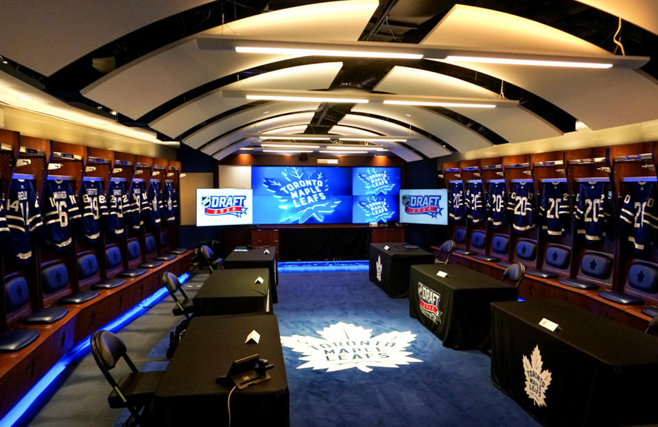 TORONTO, ON- OCTOBER 06: A general view of the Toronto Maple Leafs draft room before the first round of the 2020 NHL Entry Draft at Scotiabank Arena on October 06, 2020 in Toronto, Ontario, Canada. The 2020 NHL Draft was held virtually due to the ongoing Coronavirus pandemic. (Photo by Kyle Brown/NHLI via Getty Images)