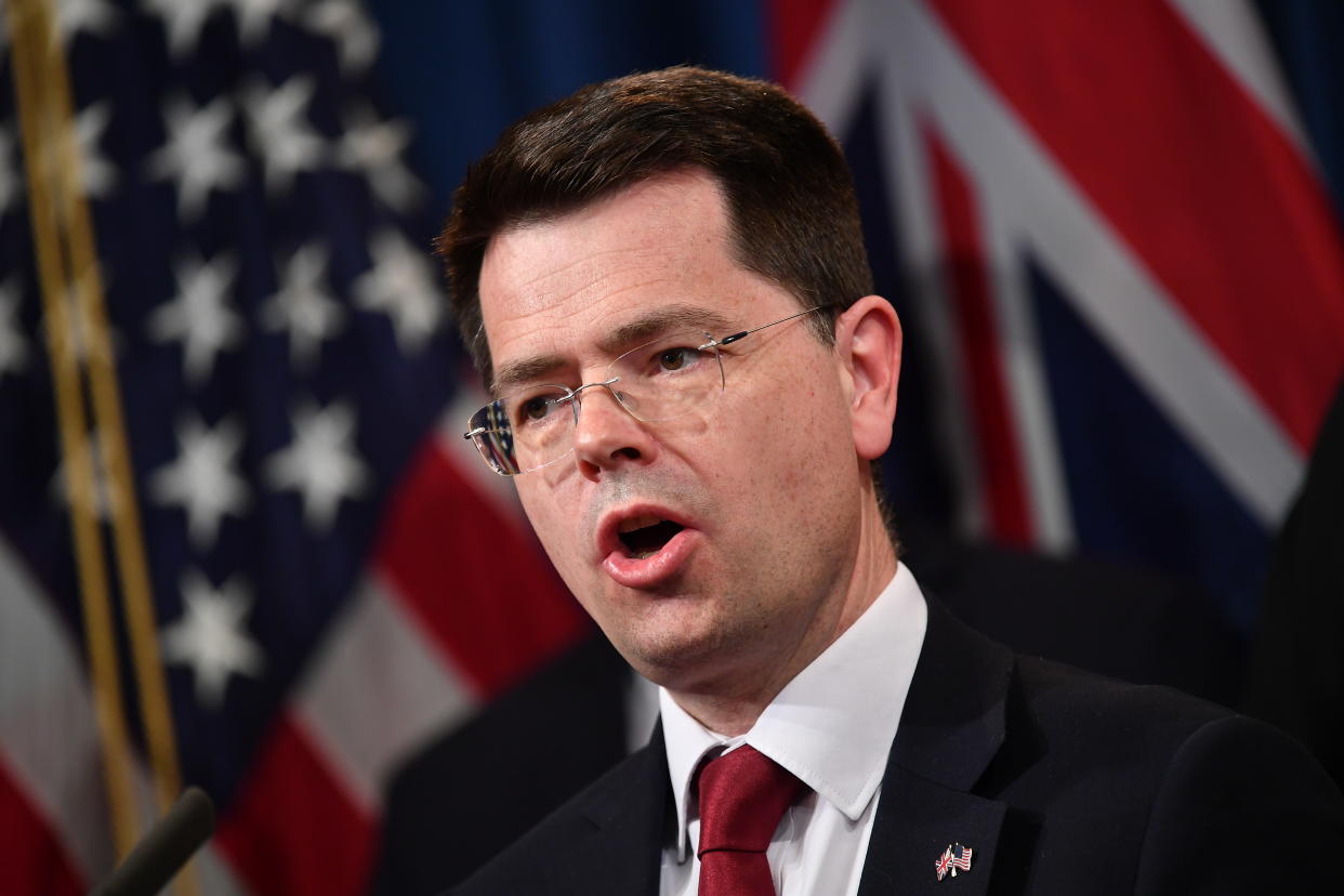 Britain's Minister of State for Security James Brokenshire announces measures against online sexual exploitation on March 5, 2020 during a press conference at the Department of Justice in Washington,DC. (Photo by MANDEL NGAN / AFP) (Photo by MANDEL NGAN/AFP via Getty Images)