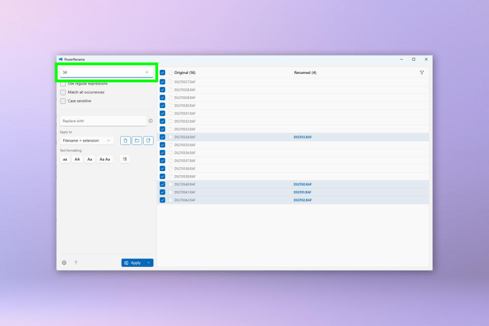 A screenshot showing how to use PowerRename on Windows 11