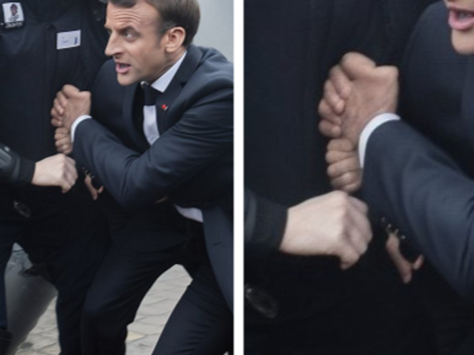 Recent viral images appearing to show French President Emmanuel Macron at riots could easily be spotted as fakes by looking at the hands (Dall-E)