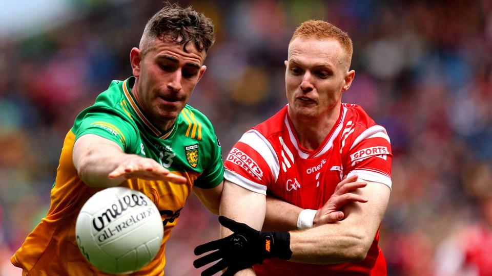 Donegal captain Patrick McBrearty challenges for the ball 