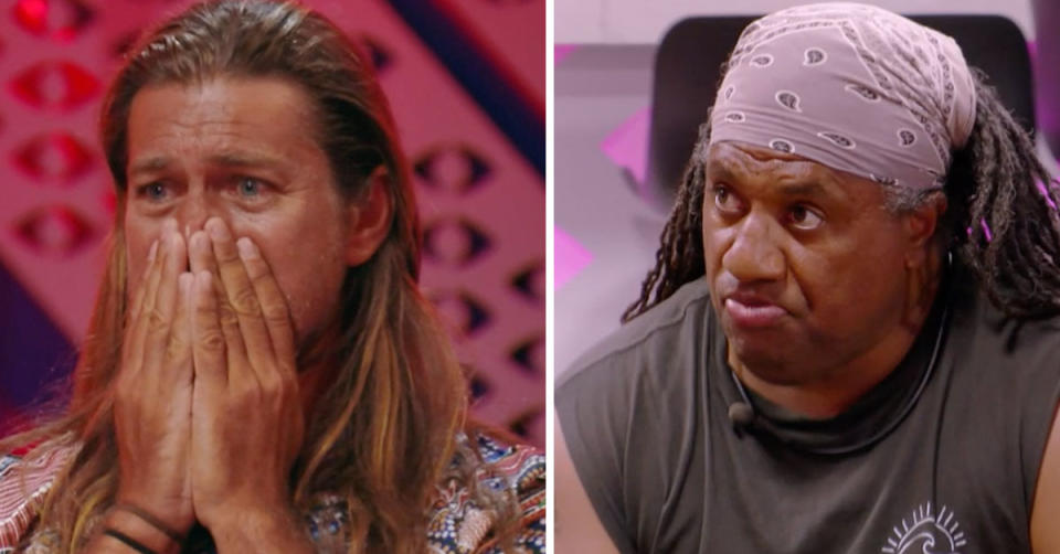 L: Dave Graham on Big Brother shocked. R: Trevor on Big Brother