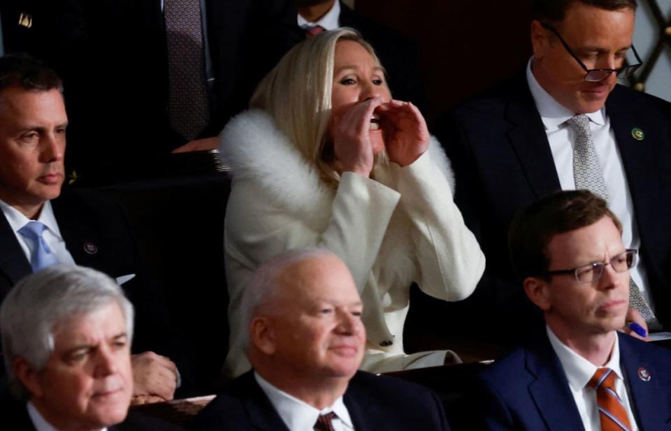 <div class="inline-image__caption"><p>U.S. Representative Marjorie Taylor Greene (R-GA) yells at U.S. President Joe Biden as he delivers his State of the Union address at the U.S. Capitol in Washington, U.S., February 7, 2023. </p></div> <div class="inline-image__credit">REUTERS/Evelyn Hockstein</div>
