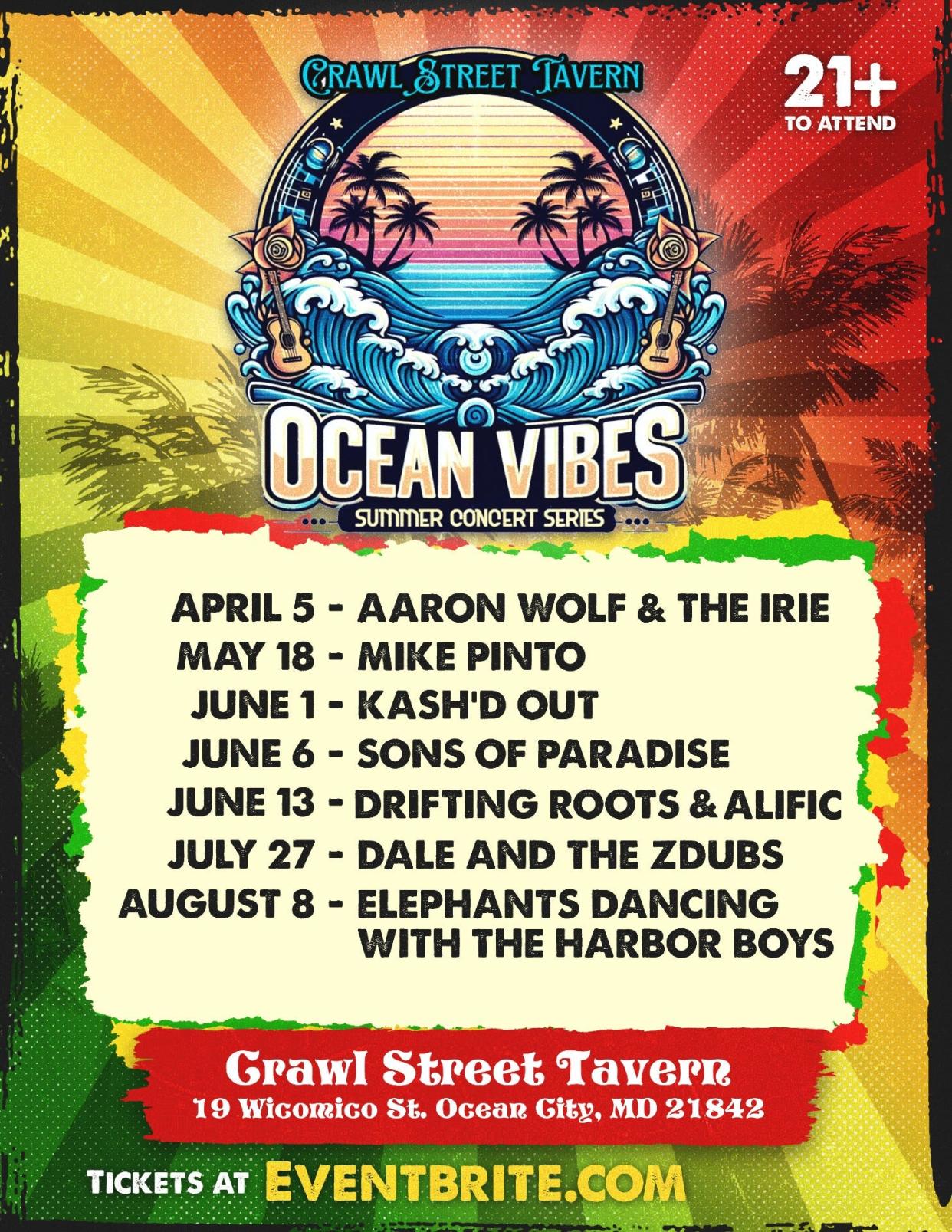 Crawl Street Tavern, located at 19 Wicomico St. in Ocean City, Maryland, has announced its 2024 Ocean Vibes Summer Concert Series schedule.