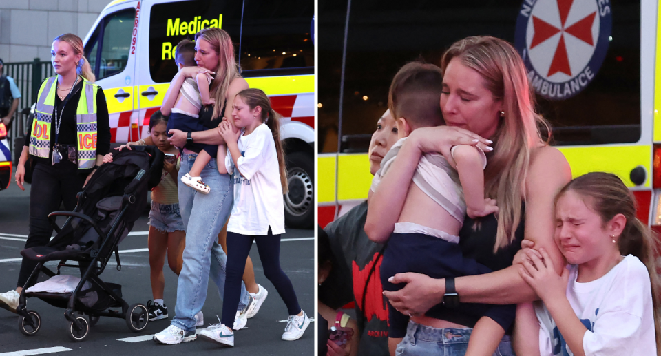 An upset mother walking across the road with a child in her arms and a girl holding her arm.