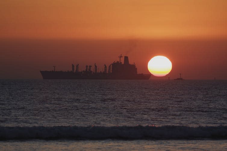 <span class="caption">A US Navy warship refuelling off the coast of California.</span> <span class="attribution"><a class="link " href="https://www.shutterstock.com/image-photo/us-navy-underway-replenishment-refueling-ship-31086694?src=6qlFew5cWm16ORFAEiLEdw-1-1&studio=1" rel="nofollow noopener" target="_blank" data-ylk="slk:Jason Orender/Shutterstock;elm:context_link;itc:0;sec:content-canvas">Jason Orender/Shutterstock</a></span>