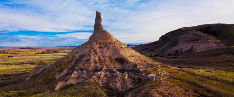 A rare and breathtaking view of the historic Chimney Rock near Bayard, Nebraska used by pioneers as a landmark on the Oregon Trail.