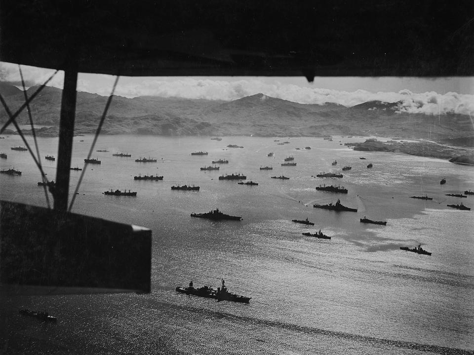 Part of the huge U.S. fleet at anchor, ready to move against Kiska. Photo by naval photographer Horace Bristol.