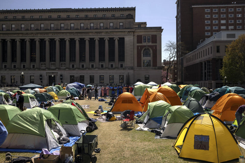 Pro-Palestinian demonstration encampment is seen at the Columbia University, Friday, April 26, 2024, in New York. (AP Photo/Yuki Iwamura)