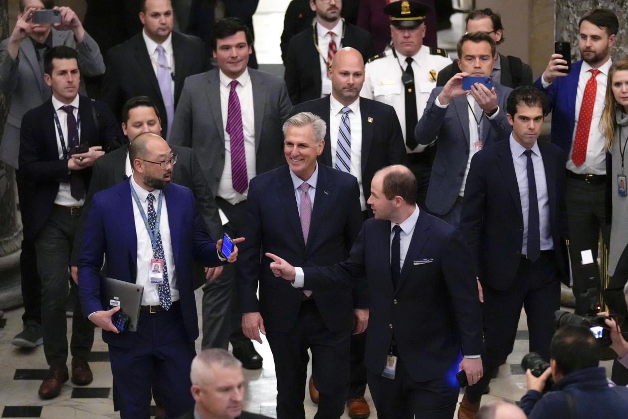 Newly-elected Speaker of the House Kevin McCarthy, R-Calif., walks to his office from the chamber after a contentious battle to lead the GOP majority in the 118th Congress, at the Capitol in Washington, Saturday, Jan. 7, 2023. (AP Photo/ Matt Rourke)