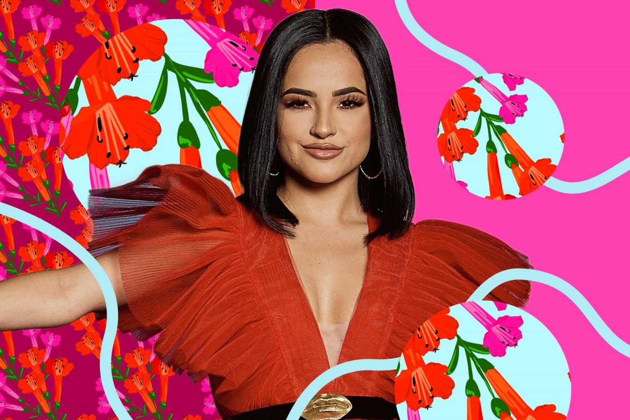 Graphic of Becky G against floral background.