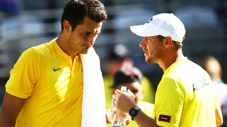 Bernard Tomic and Lleyton Hewitt in 2016. (Photo by Matt King/Getty Images)