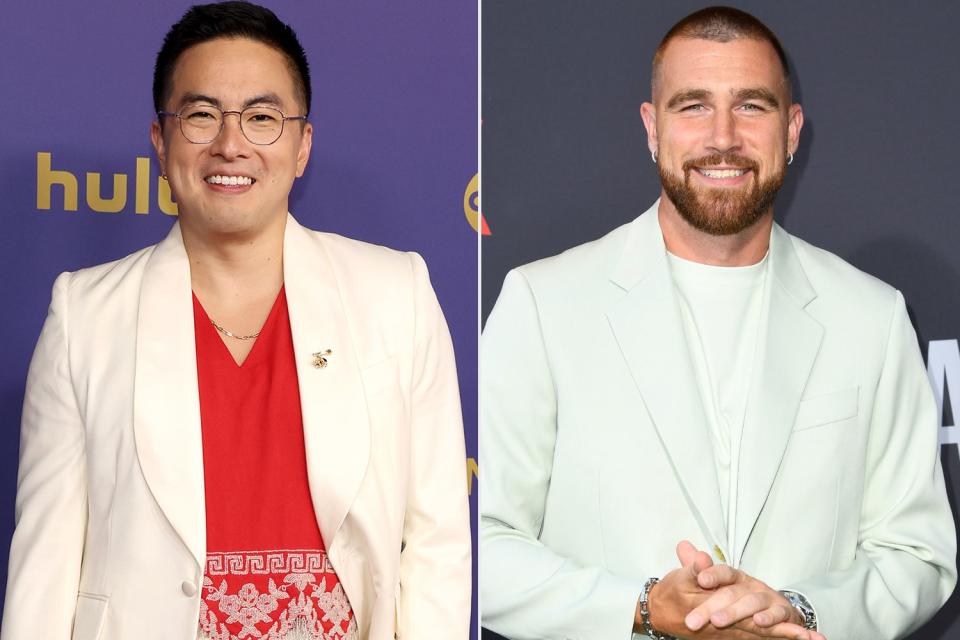 <p>Kevin Mazur/Getty Images; JC Olivera/Getty Images</p> From left: Bowen Yang and Travis Kelce