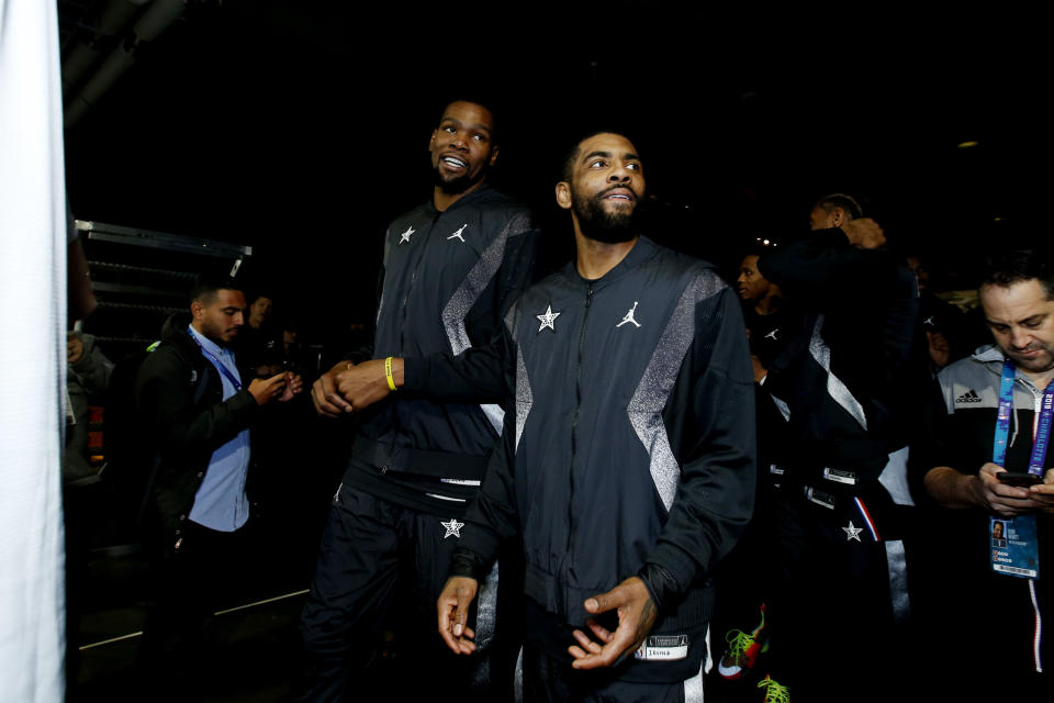 Kyrie Irving is slamming the media for prying into a private conversation between him and Kevin Durant. (Photo by Michelle Farsi/NBAE via Getty Images)