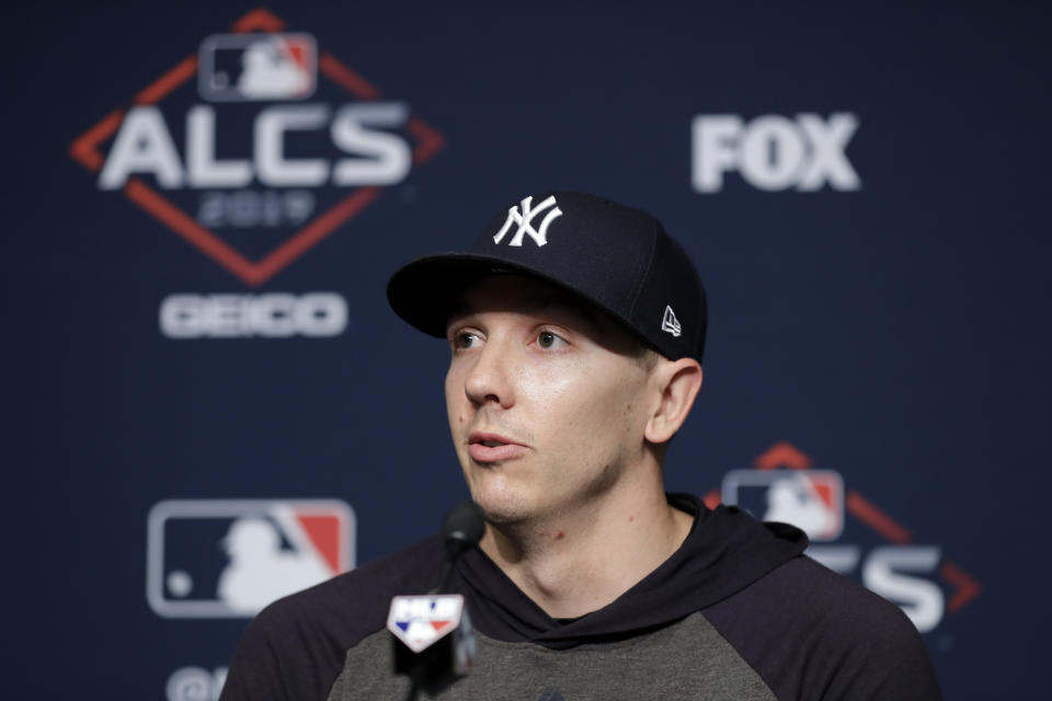 New York Yankees relief pitcher Chad Green answers questions during a news conference before Game 3 of baseball's American League Championship Series, Tuesday, Oct. 15, 2019, in New York. (AP Photo/Frank Franklin II)