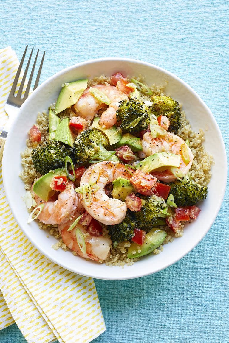 <p> Seafood lovers will enjoy this heart-healthy bowl that's packed with protein from both the shrimp and quinoa. </p><p><a href="https://www.womansday.com/food-recipes/food-drinks/recipes/a59773/shrimp-bowls-scallion-vinaigrette-recipe/" rel="nofollow noopener" target="_blank" data-ylk="slk:Get the Shrimp Bowls with Scallion Vinaigrette recipe.;elm:context_link;itc:0;sec:content-canvas" class="link "><em>Get the Shrimp Bowls with Scallion Vinaigrette recipe.</em></a></p>