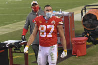 Kansas City Chiefs tight end Travis Kelce celebrates after an NFL divisional round football game against the Cleveland Browns, Sunday, Jan. 17, 2021, in Kansas City. The Chiefs won 22-17. (AP Photo/Reed Hoffmann)