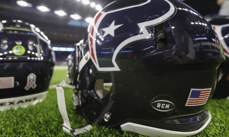 A closeup of a Houston Texans helmet during an NFL game.