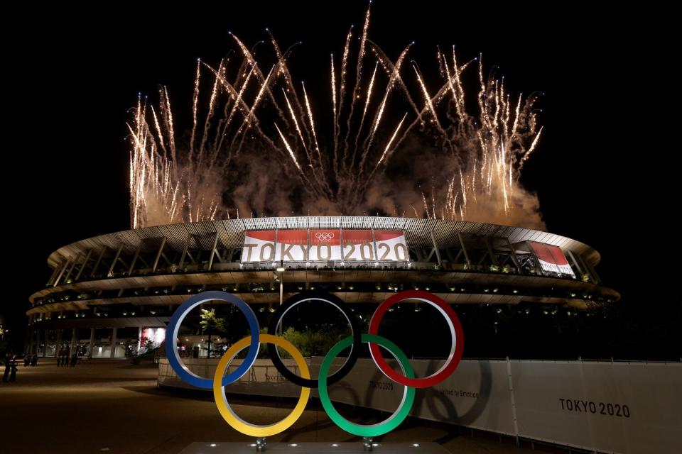 A general view outside the stadium as fireworks are let off during the Opening Ceremony