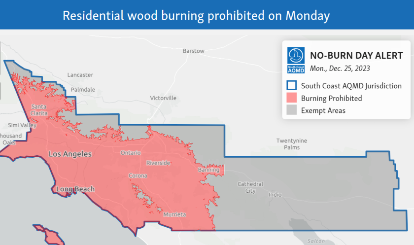 A map of Southern California shows a large swath of pink. A map key says the color means "burning prohibited."