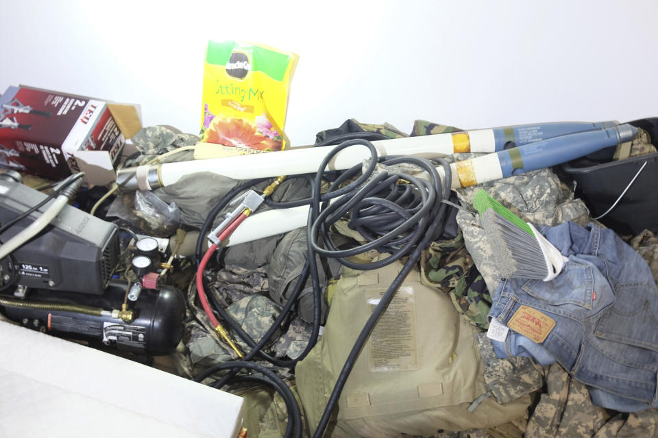 Stolen military training rockets are shown as found in April 2019 in a residence near Fort Hood, an Army base in Killeen, Texas. (U.S. Army Criminal Investigation Division via AP)